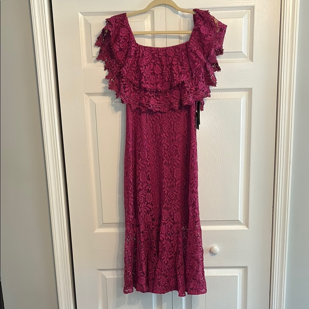 Lace Off-Shoulder Midi Dress in Magenta